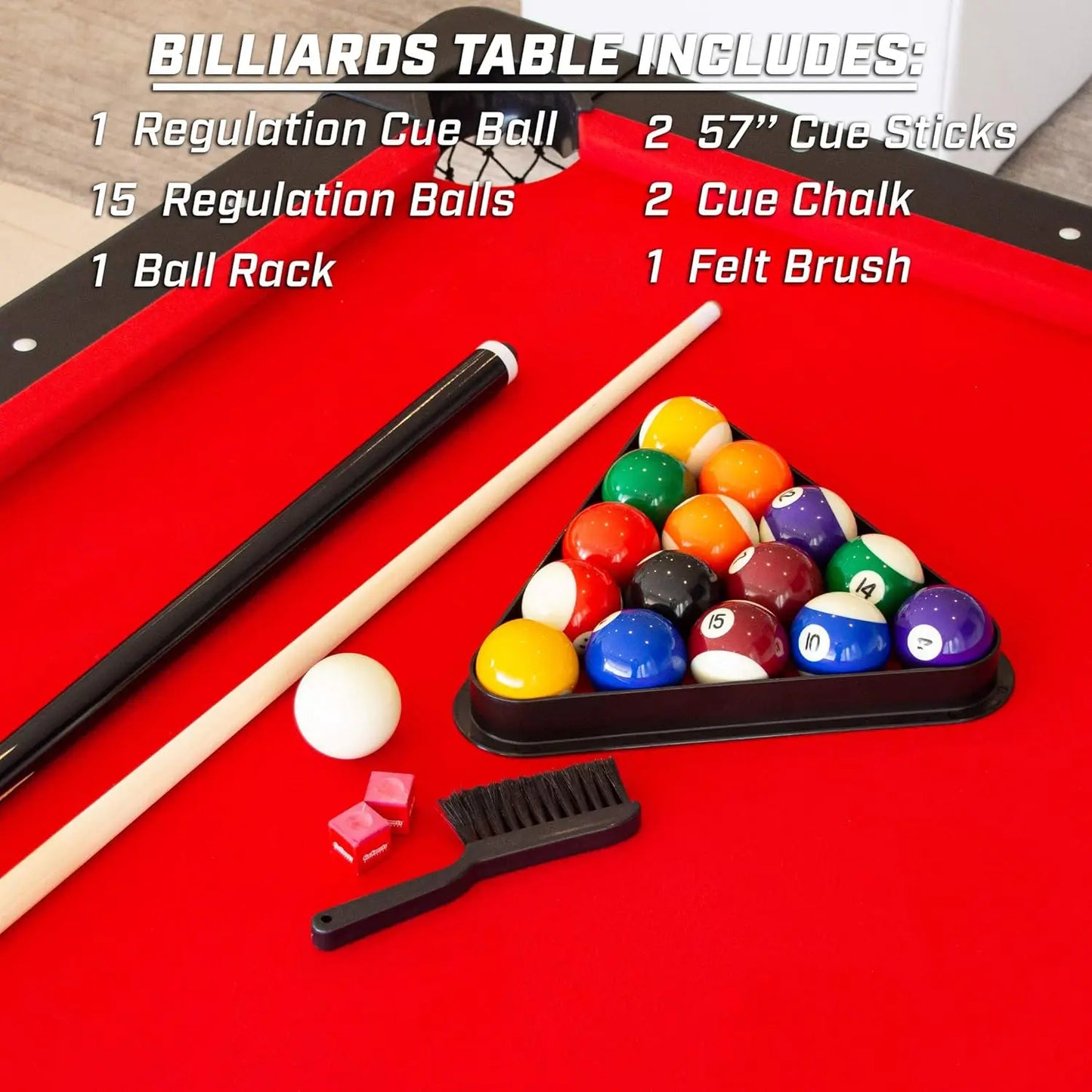 6, 7, or 8 ft Billiards Table - Portable Pool Table - includes Full Set of Balls, 2Cue Sticks, Chalk and Felt Brush