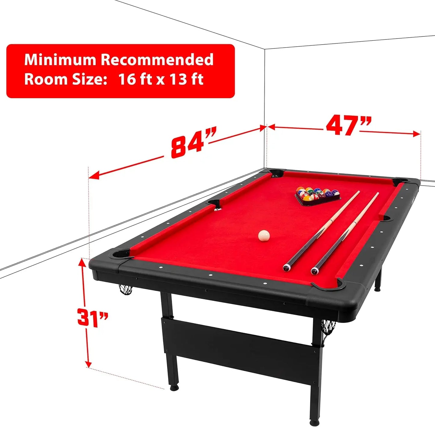 6, 7, or 8 ft Billiards Table - Portable Pool Table - includes Full Set of Balls, 2Cue Sticks, Chalk and Felt Brush