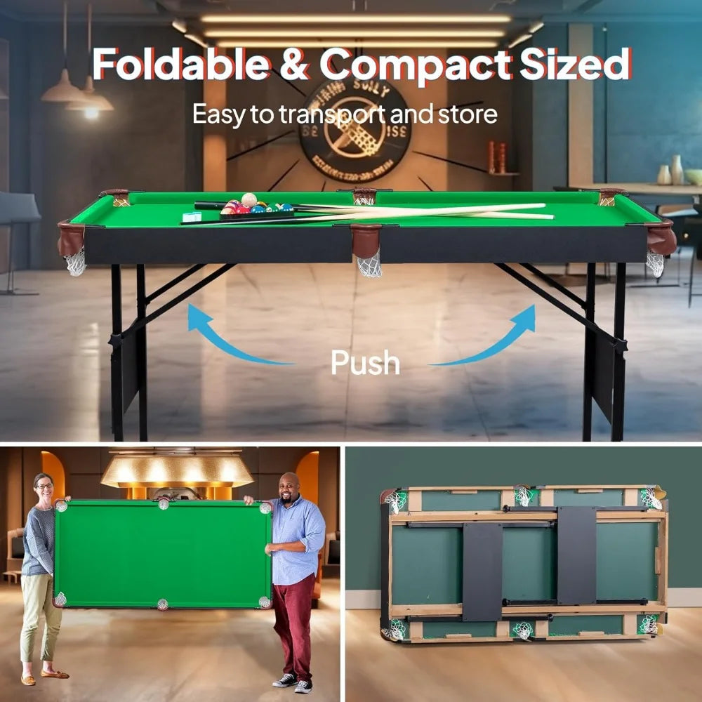 55" Portable Folding Pool Table, Pool Game Table with Cues, Ball, Rack, Brush, Chalk